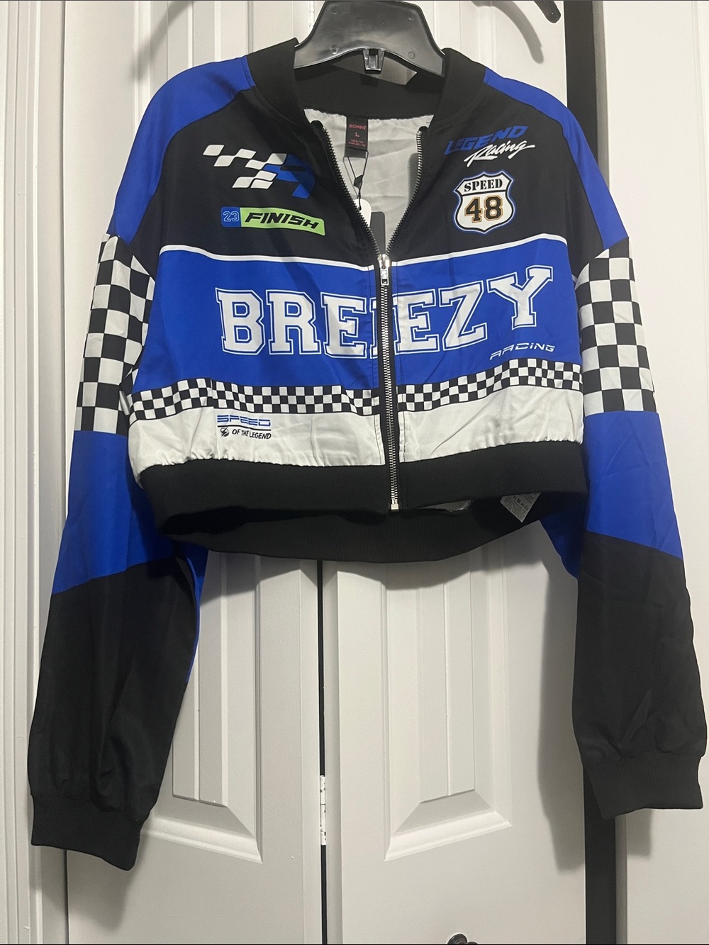 ROMWE Blue Black and White Racing Crop Jacket with Neon Green Accent